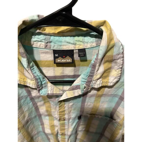 Kavu Button up Shirt Mens M Short Sleeve Blue White Yellow Tan Gorpcore Outdoor - Picture 2 of 4